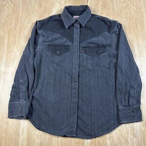 Levis Long Sleeve Shirt Unisex XS Western Pearl Snap Fitted Black Denim Pockets